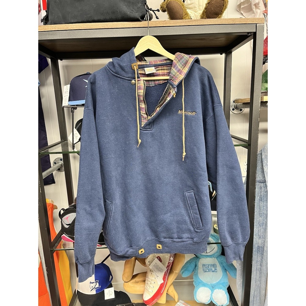 Vintage 90s Microsoft Computers Half Zip Flannel Hooded Sweatshirt Size Large
